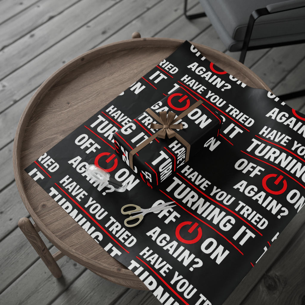 "Have You Tried Turning It Off & On Again?" Funny IT Graphic Holiday Gift Wrap (Bold Red & White Text) Tech Humor Wrapping Paper
