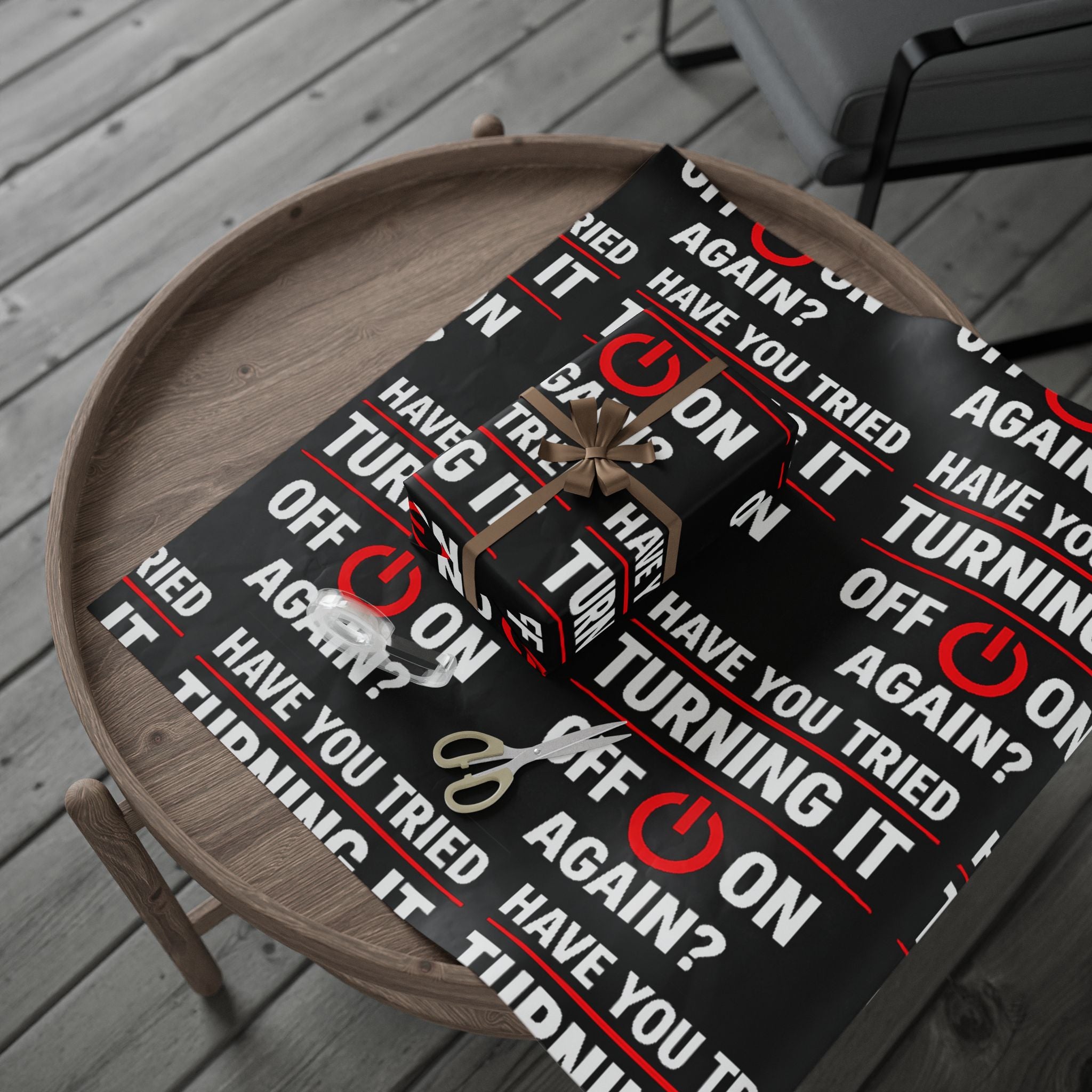 "Have You Tried Turning It Off & On Again?" Funny IT Graphic Holiday Gift Wrap (Bold Red & White Text) Tech Humor Wrapping Paper