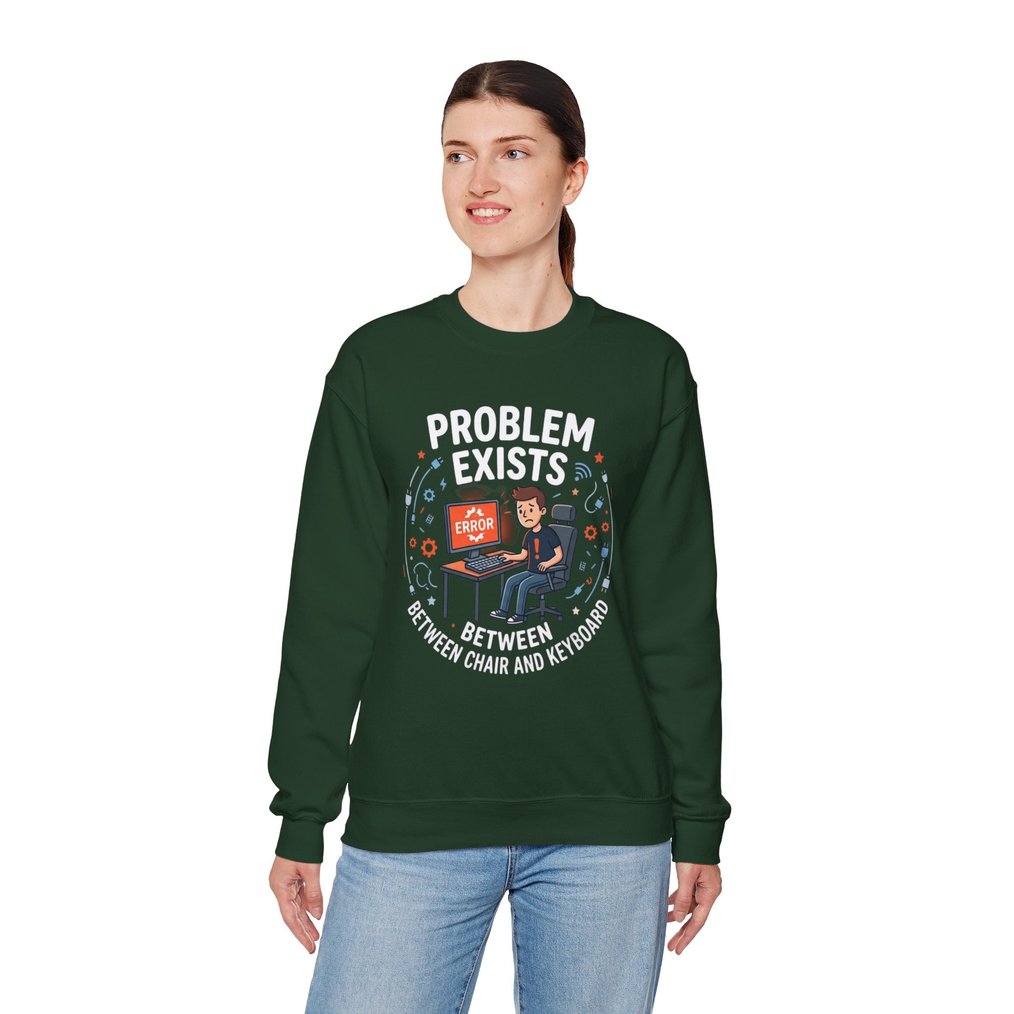"Problem Exists Between Chair & Keyboard" Funny Coding Bug Graphic Crewneck Sweatshirt