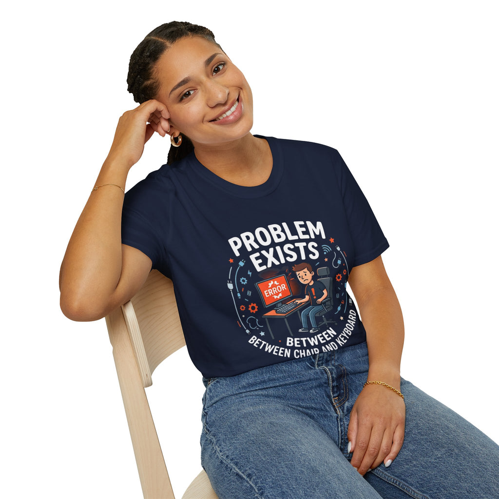 "Problem Exists Between Chair & Keyboard" Funny IT T-Shirt — Tech Coder Humor Graphic Tee