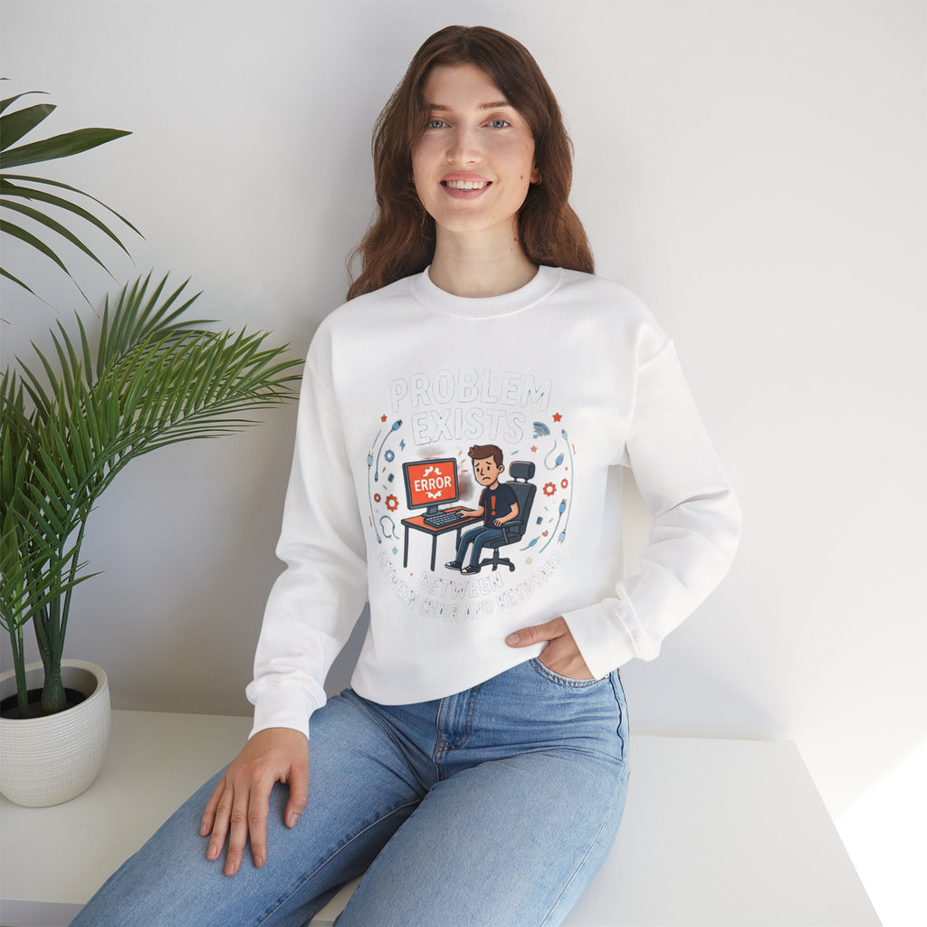 "Problem Exists Between Chair & Keyboard" Funny Coding Bug Graphic Crewneck Sweatshirt