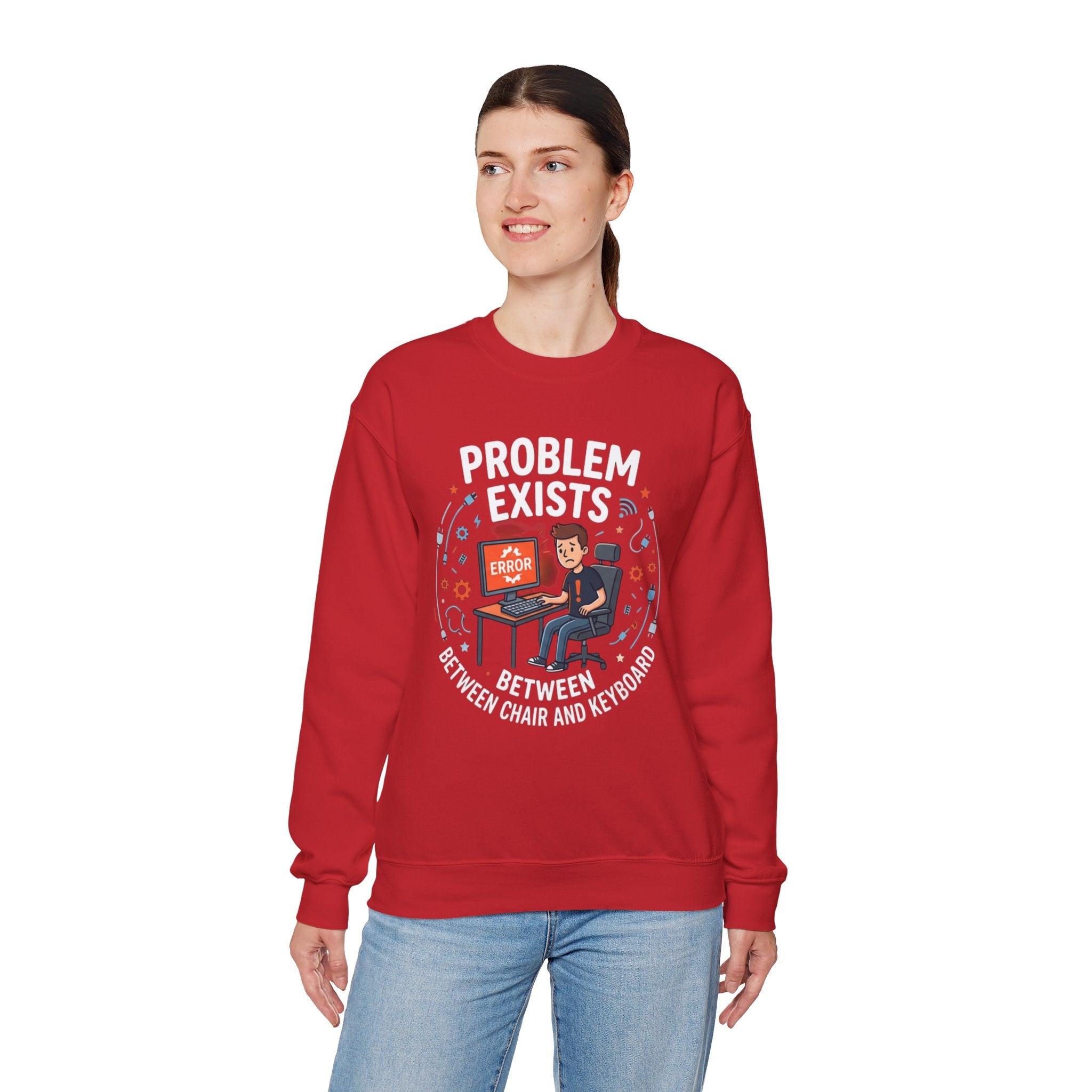 "Problem Exists Between Chair & Keyboard" Funny Coding Bug Graphic Crewneck Sweatshirt