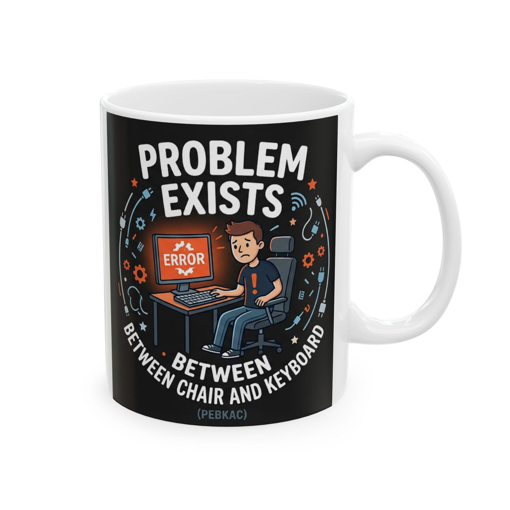 "Problem Exists Between Chair & Keyboard" IT Humor Ceramic Mug, (11oz, 15oz)