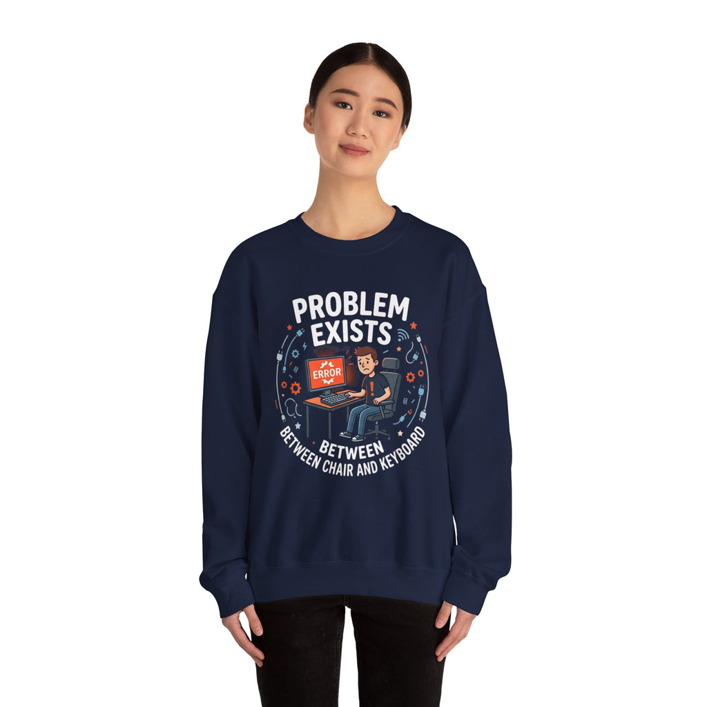 "Problem Exists Between Chair & Keyboard" Funny Coding Bug Graphic Crewneck Sweatshirt
