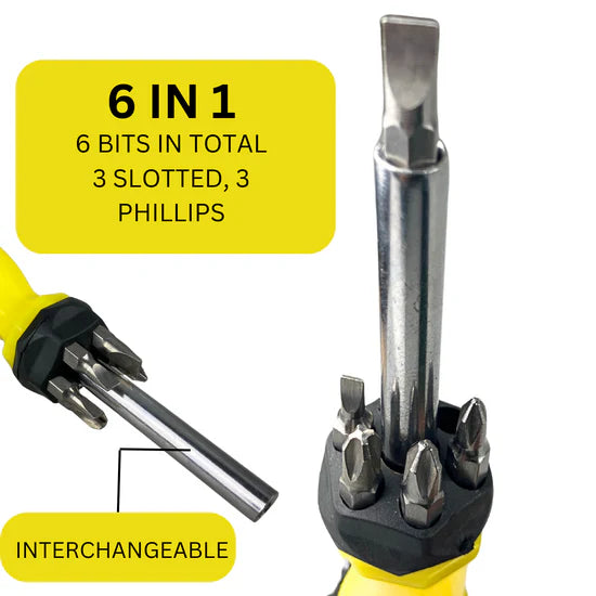 6-in-1 Multi-Bit Screwdriver 8" Storage Handle Phillips Slotted Pozidriv Tool