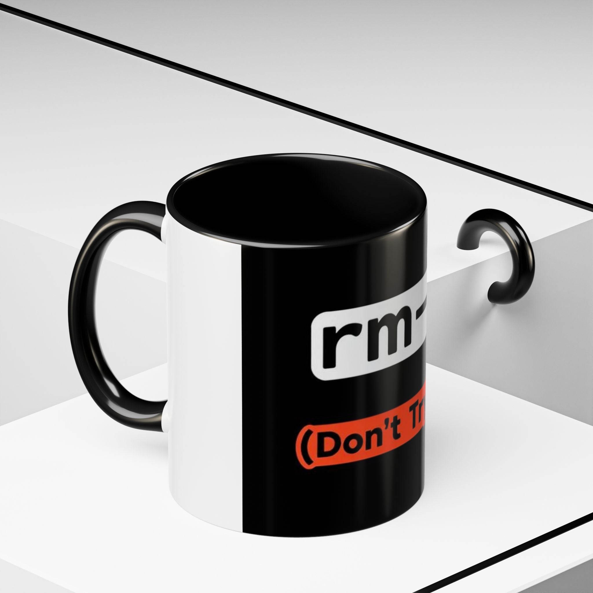 "rm -rf / (Don't Try This)" Funny IT Tech Humor Black Accent Ceramic Coffee Mug