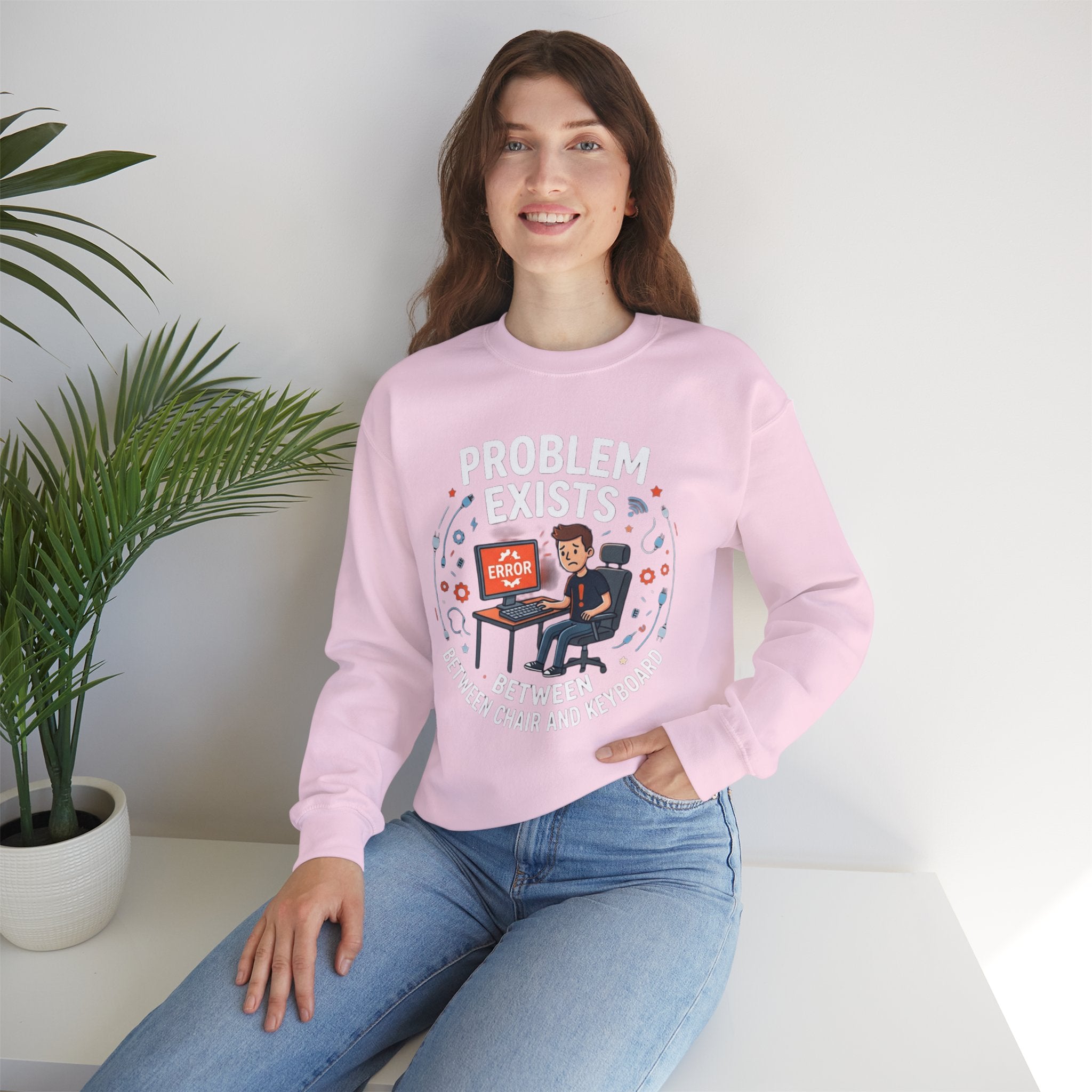"Problem Exists Between Chair & Keyboard" Funny Coding Bug Graphic Crewneck Sweatshirt
