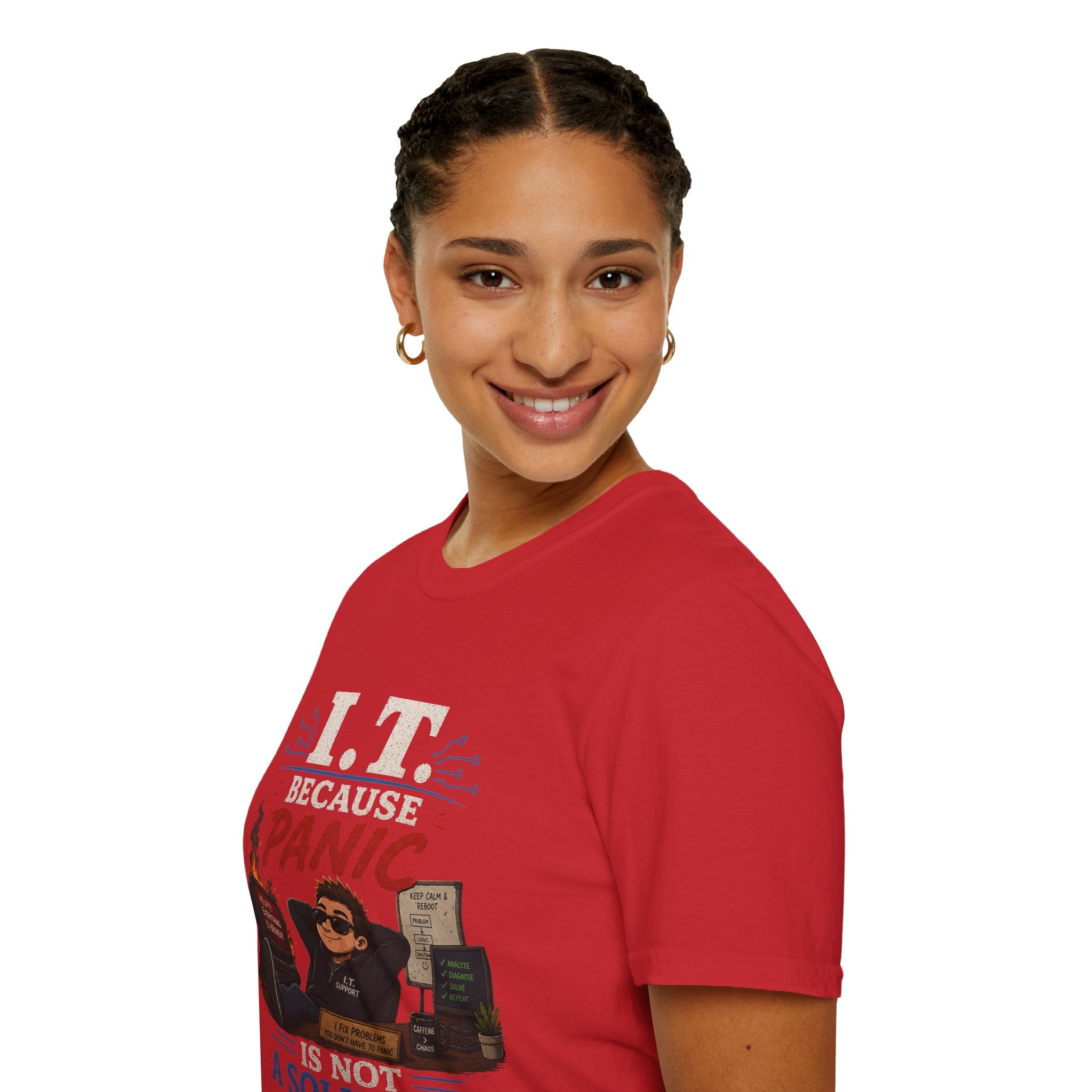 "IT Because Panic Is Not A Solution" Tech Humor T-Shirt — Funny IT Support Tech Tee