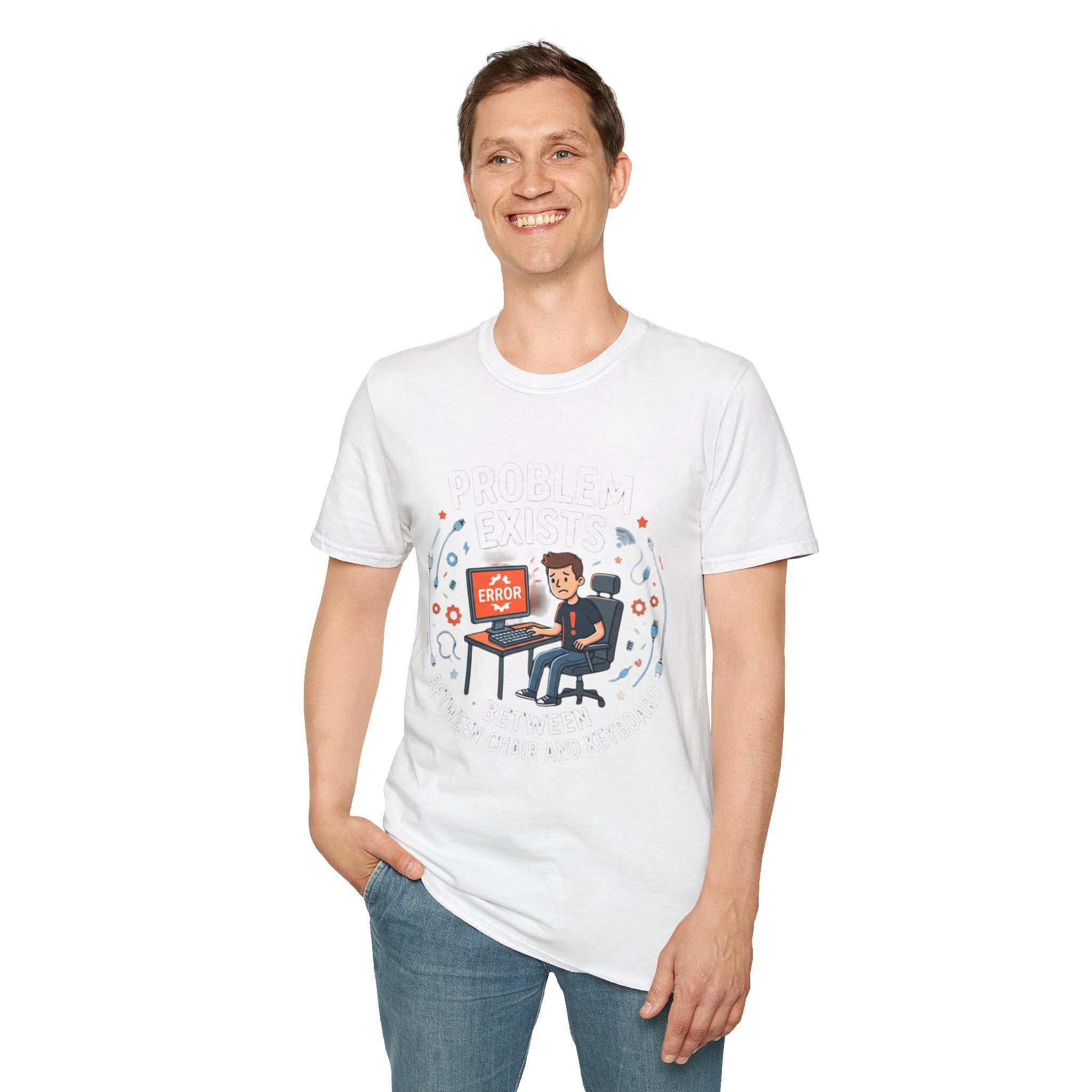 "Problem Exists Between Chair & Keyboard" Funny IT T-Shirt — Tech Coder Humor Graphic Tee