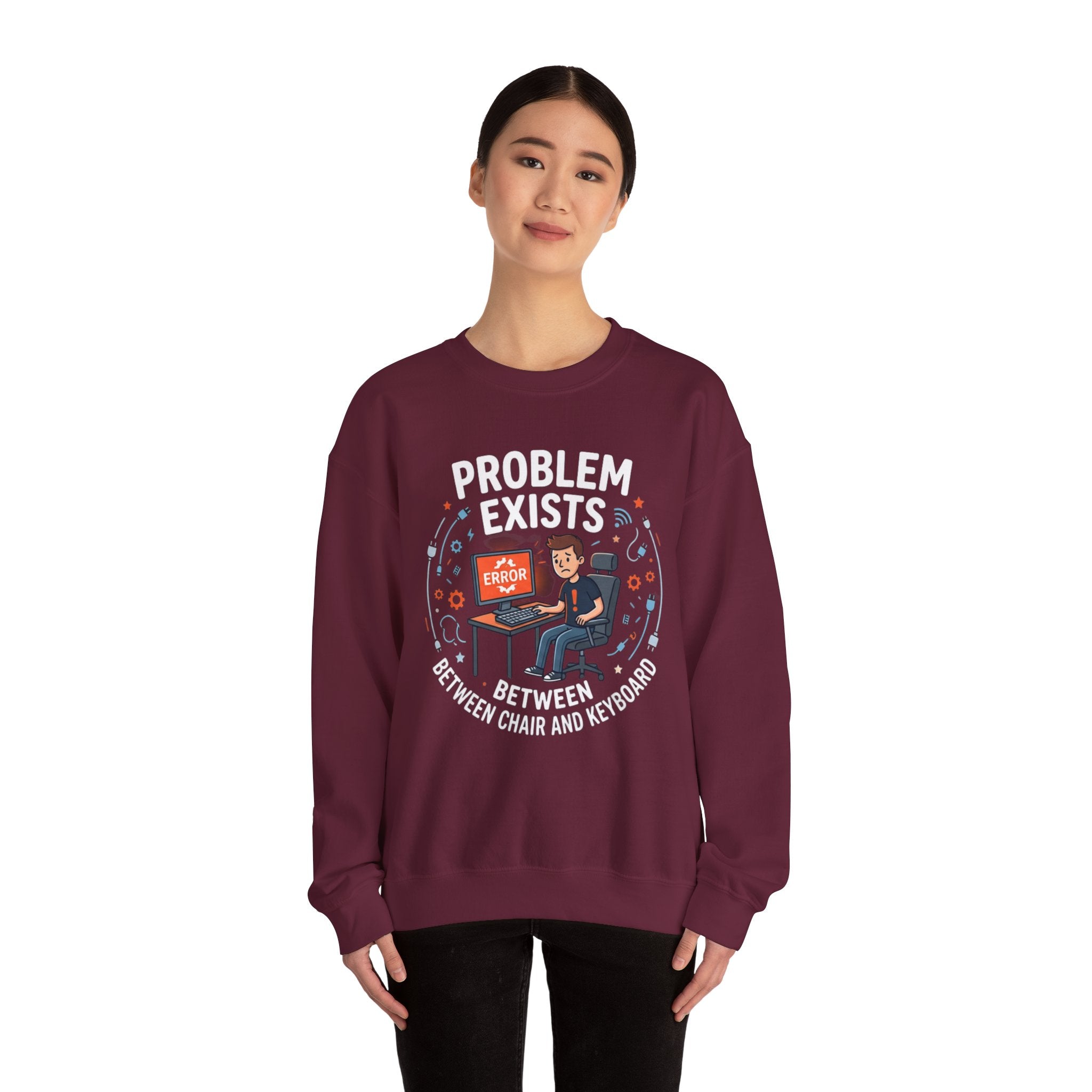"Problem Exists Between Chair & Keyboard" Funny Coding Bug Graphic Crewneck Sweatshirt