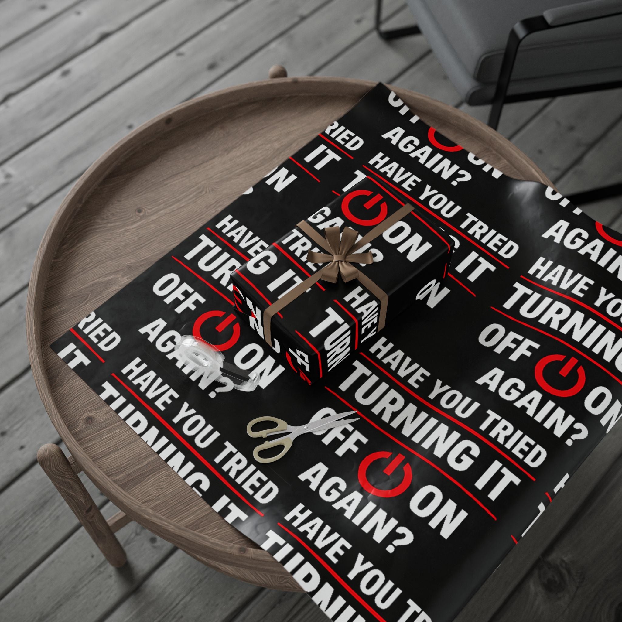 "Have You Tried Turning It Off & On Again?" Funny IT Graphic Holiday Gift Wrap (Bold Red & White Text) Tech Humor Wrapping Paper