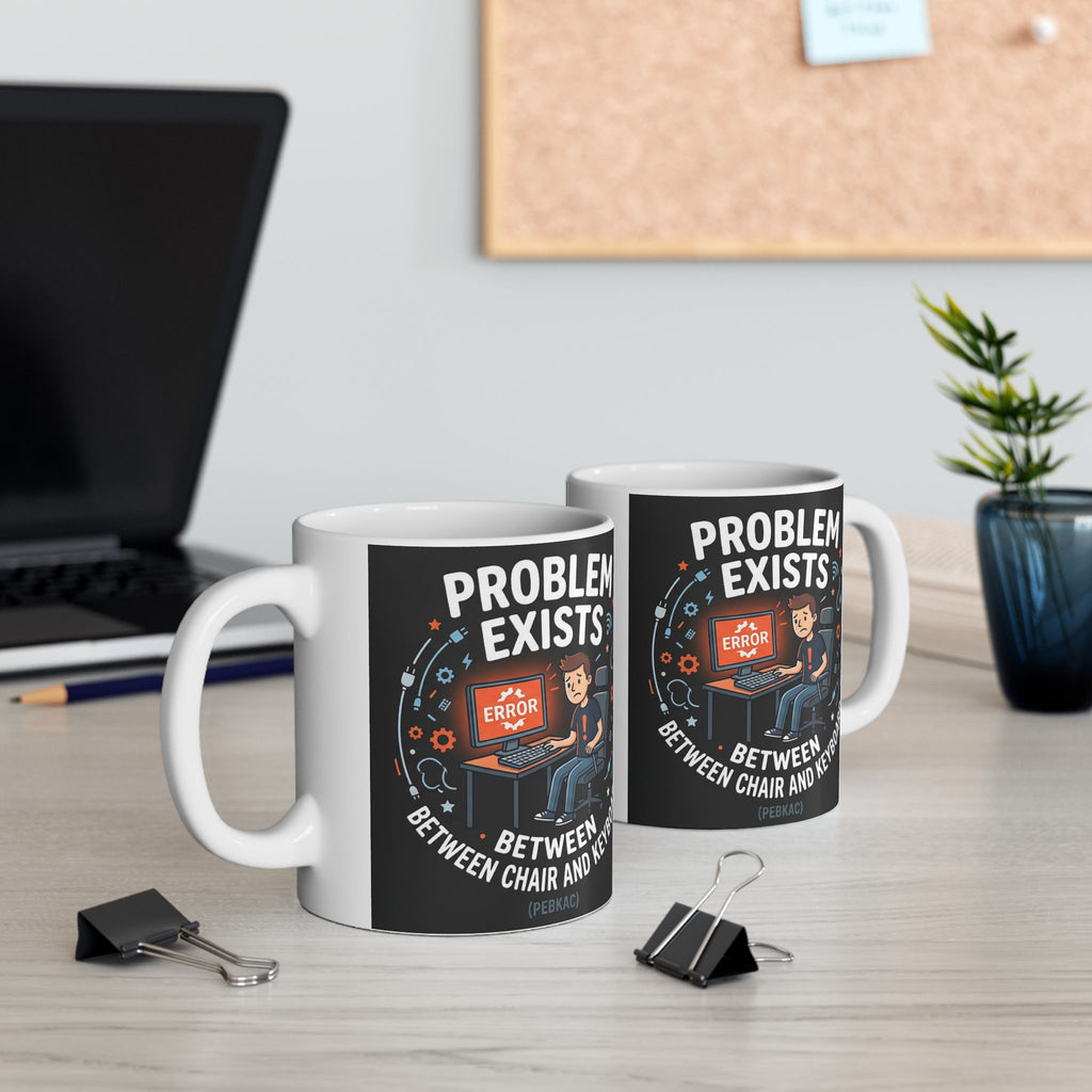 "Problem Exists Between Chair & Keyboard" IT Humor Ceramic Mug, (11oz, 15oz)