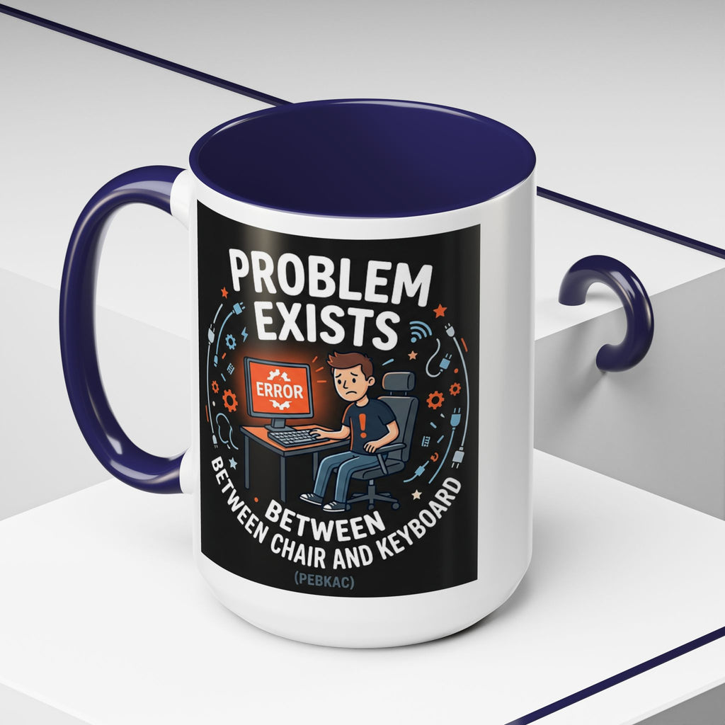 "Problem Exists Between Chair & Keyboard" IT Humor Accent Coffee Mug (11, 15oz)