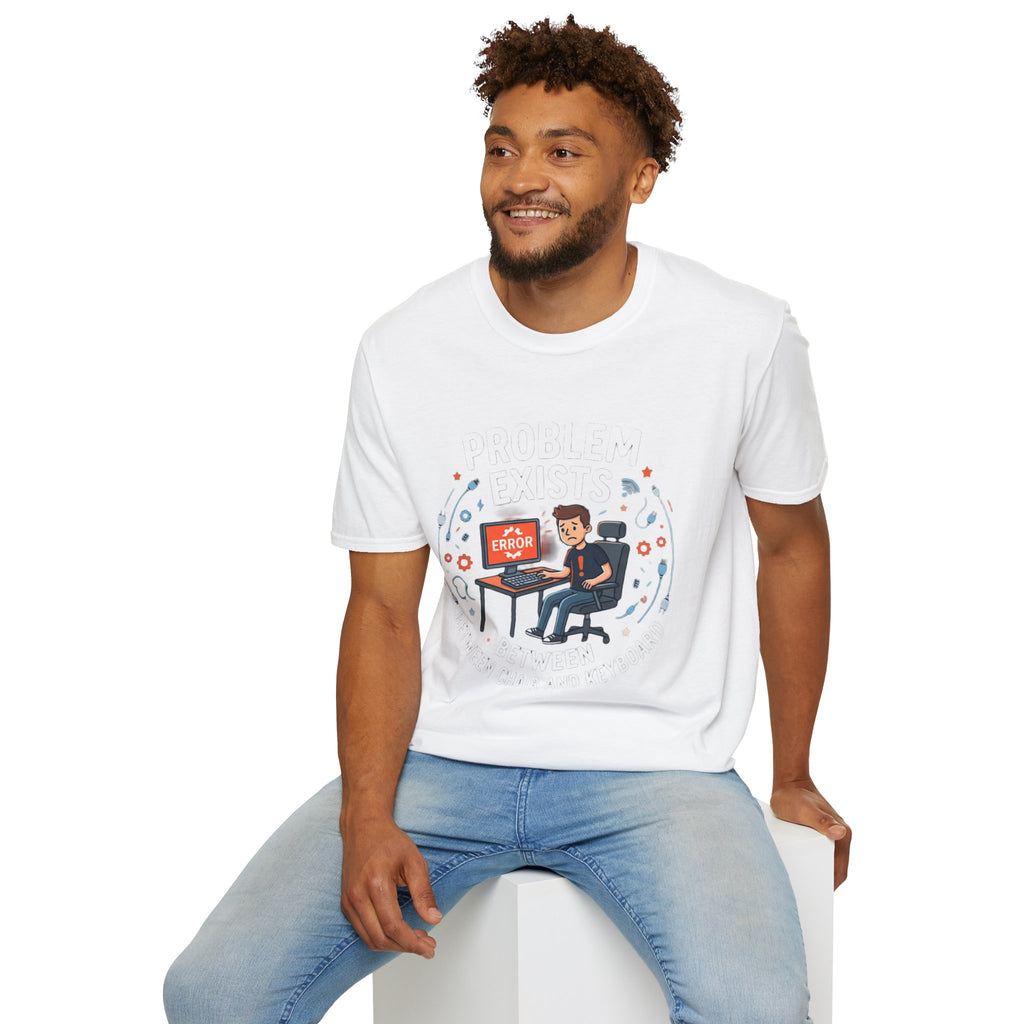 "Problem Exists Between Chair & Keyboard" Funny IT T-Shirt — Tech Coder Humor Graphic Tee