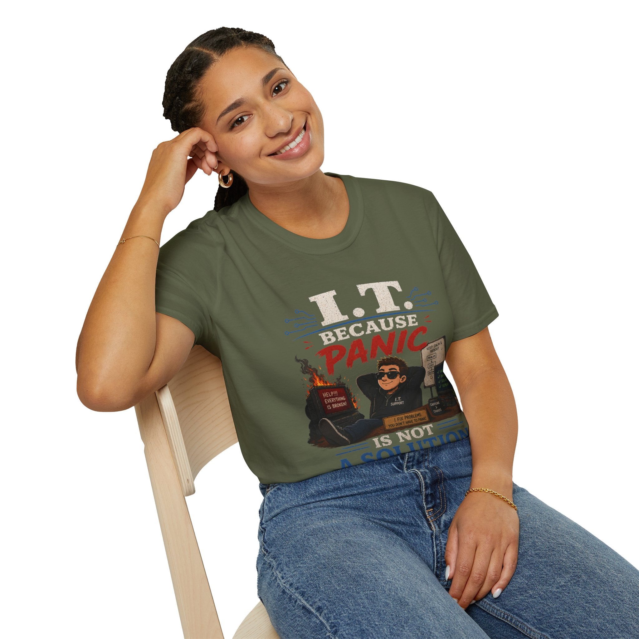 "IT Because Panic Is Not A Solution" Tech Humor T-Shirt — Funny IT Support Tech Tee
