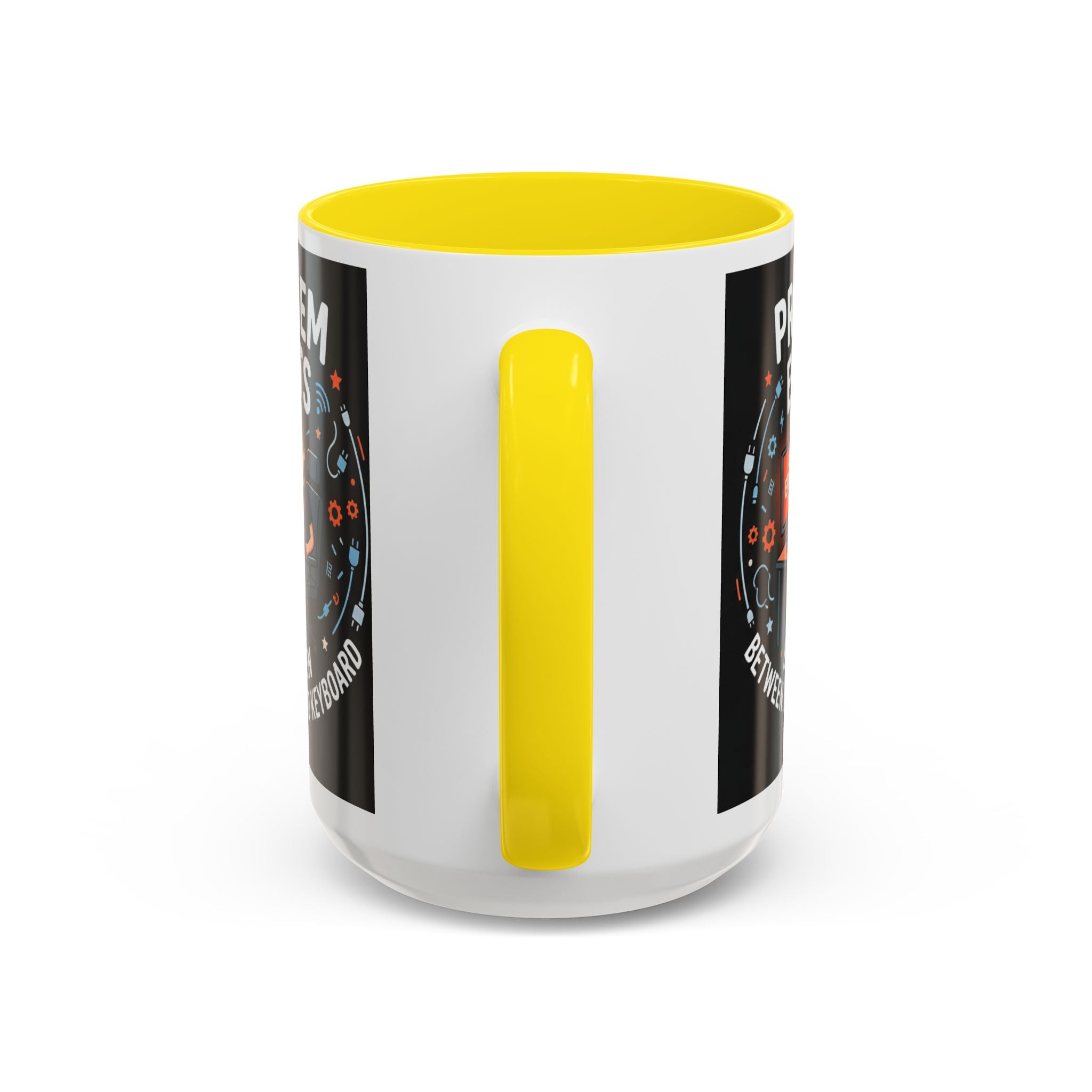 "Problem Exists Between Chair & Keyboard" IT Humor Accent Coffee Mug (11, 15oz)