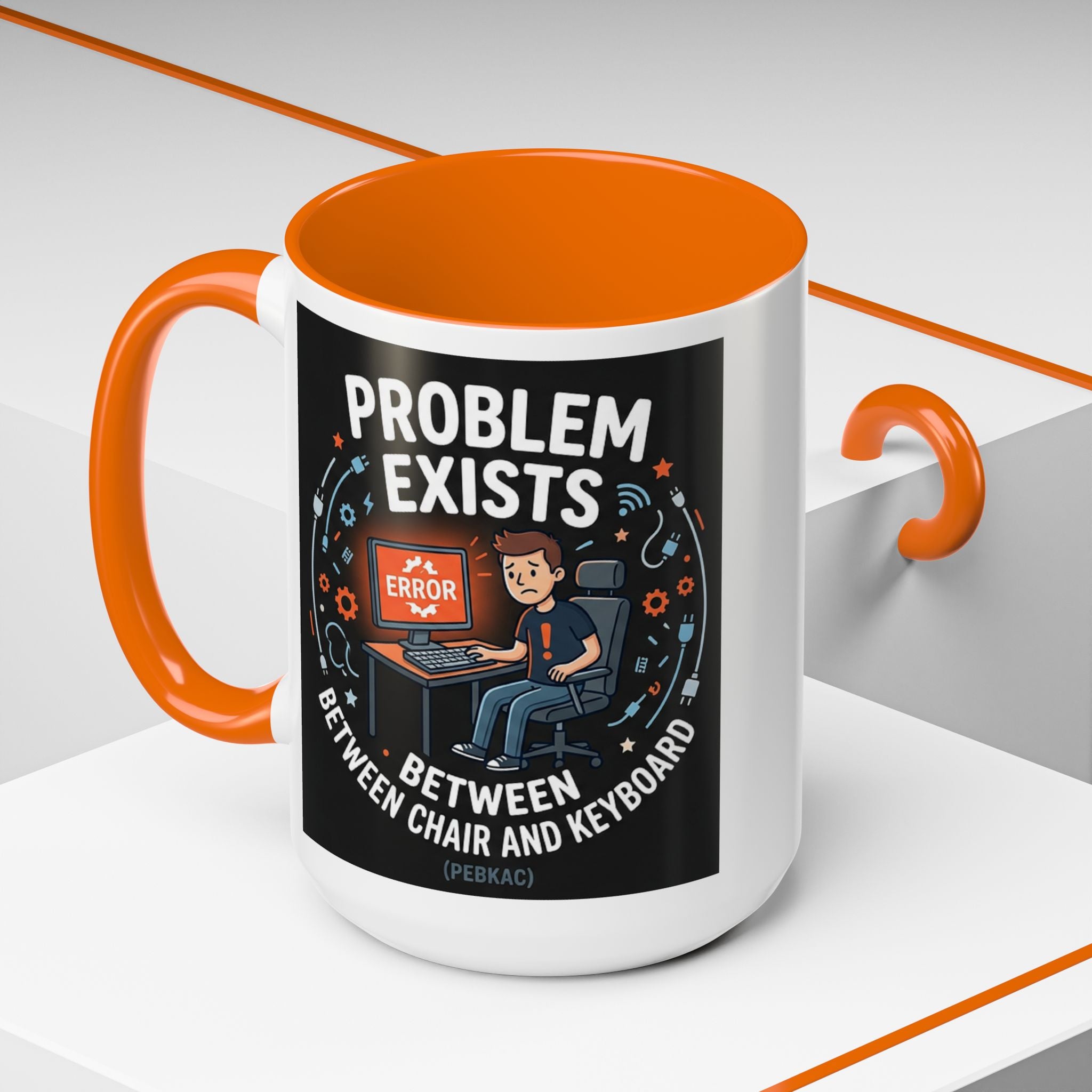 "Problem Exists Between Chair & Keyboard" IT Humor Accent Coffee Mug (11, 15oz)