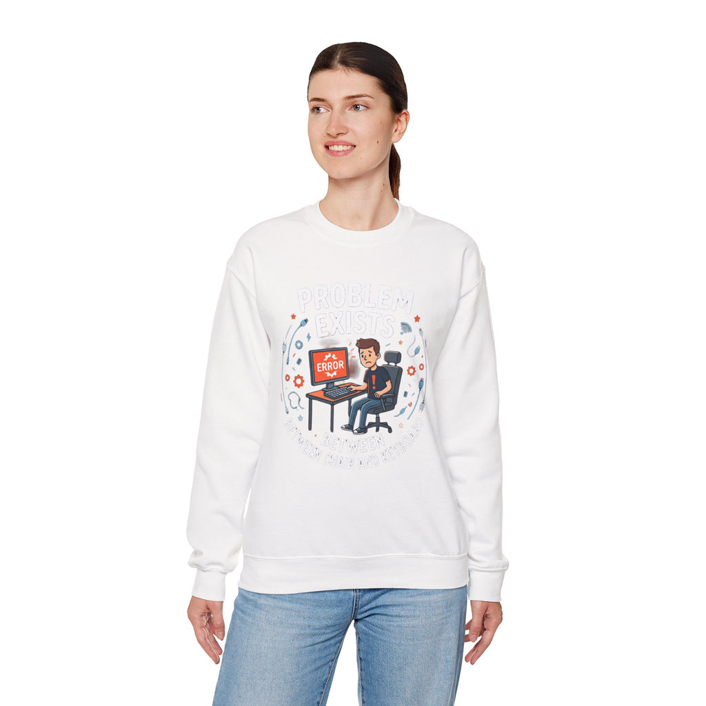 "Problem Exists Between Chair & Keyboard" Funny Coding Bug Graphic Crewneck Sweatshirt