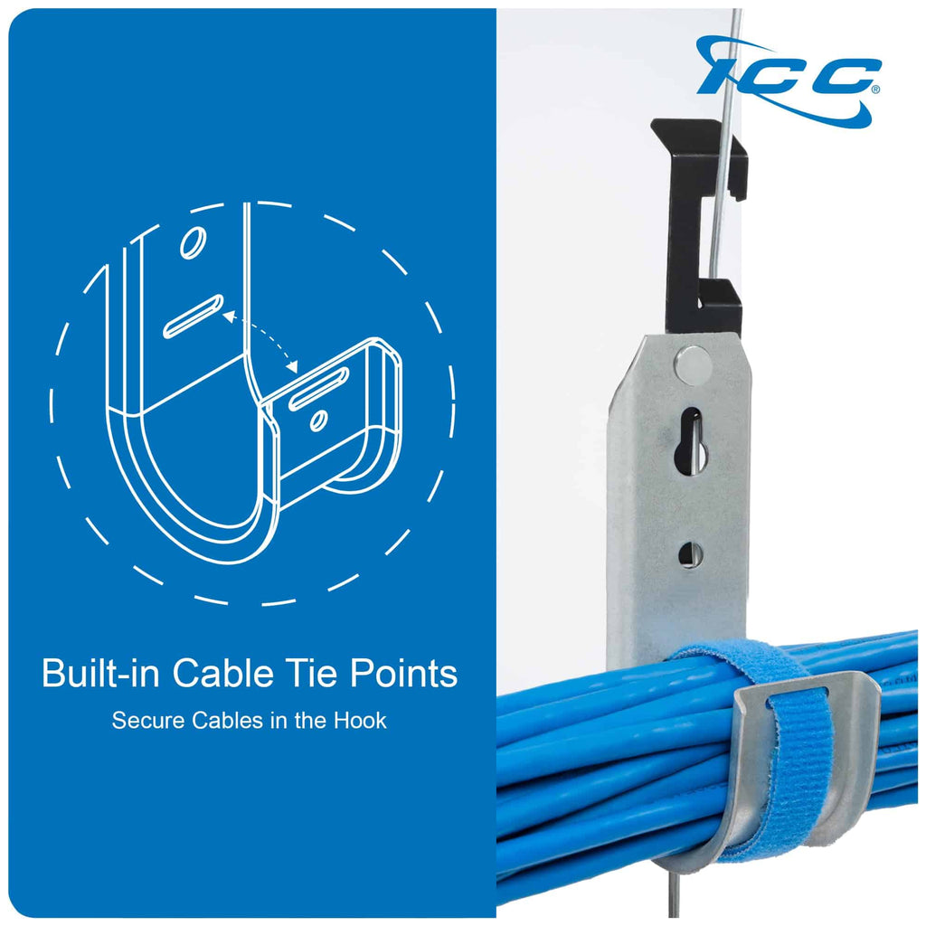 ICC 2″ Batwing J-Hook Cable Mgmt Hooks w/ Retainer Clip – Galvanized Steel 6PK