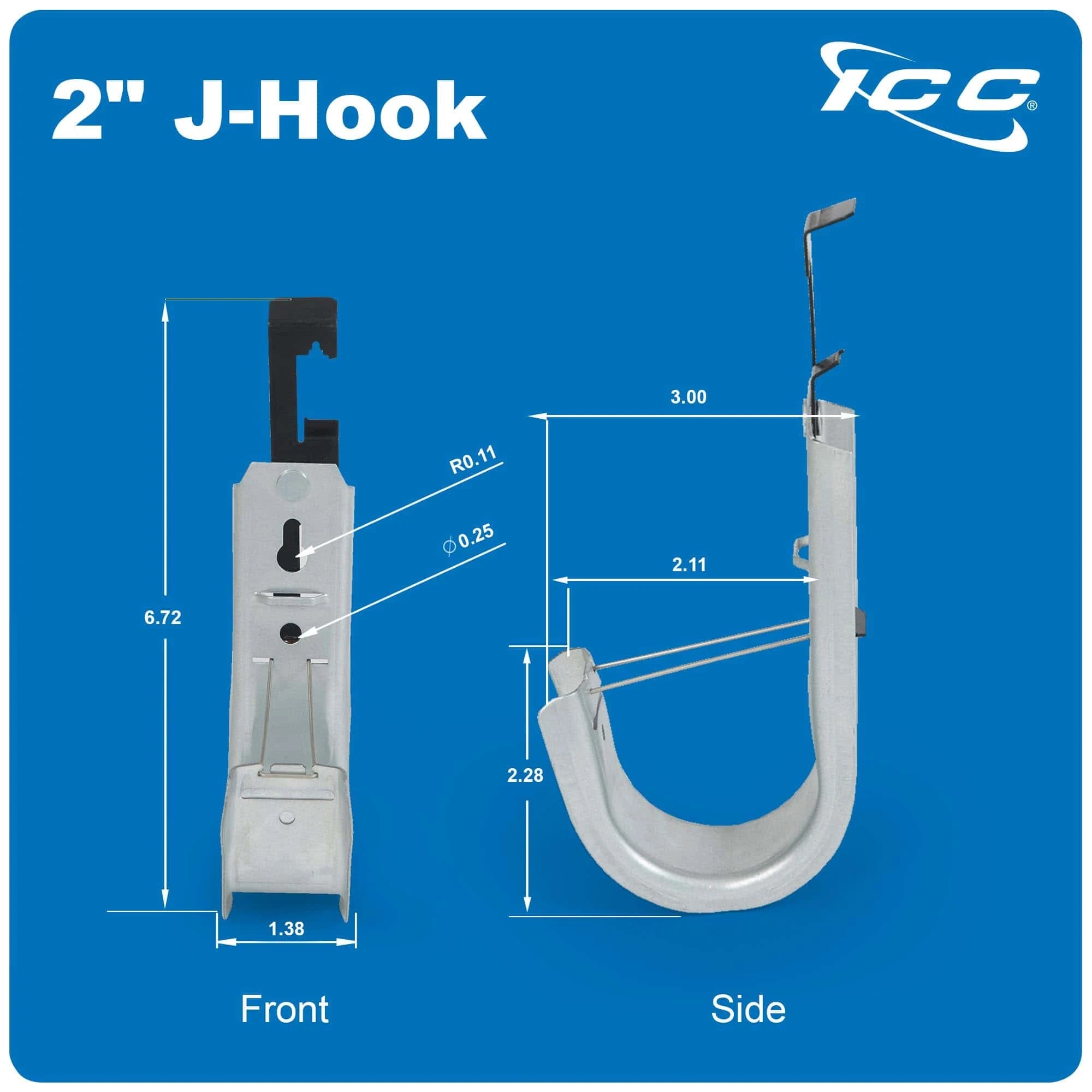 ICC 2″ Batwing J-Hook Cable Mgmt Hooks w/ Retainer Clip – Galvanized Steel 6PK
