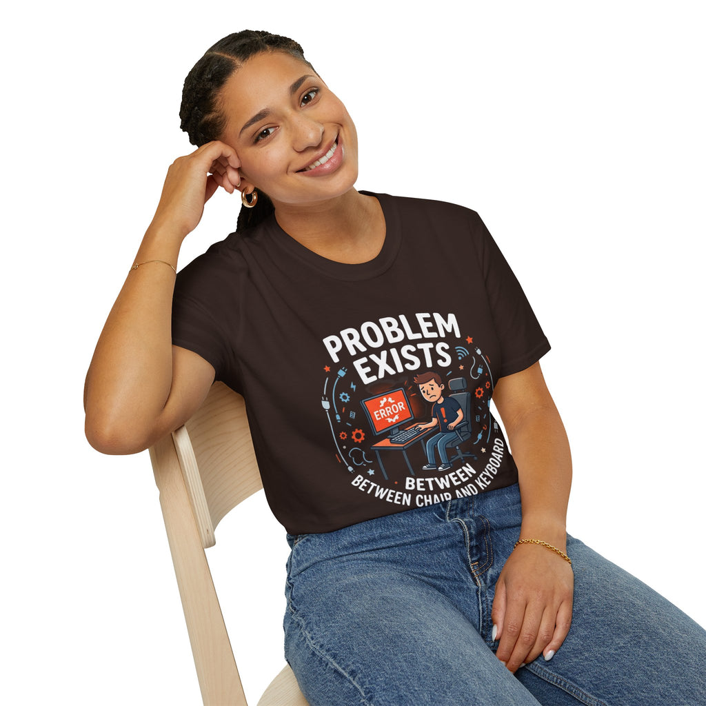 "Problem Exists Between Chair & Keyboard" Funny IT T-Shirt — Tech Coder Humor Graphic Tee