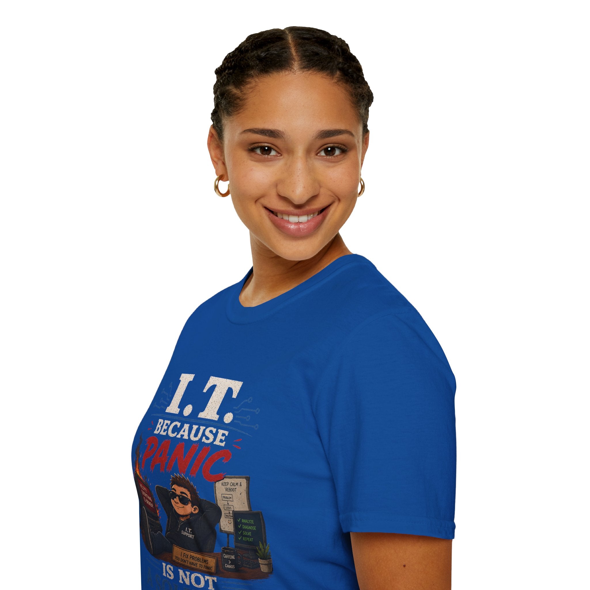 "IT Because Panic Is Not A Solution" Tech Humor T-Shirt — Funny IT Support Tech Tee