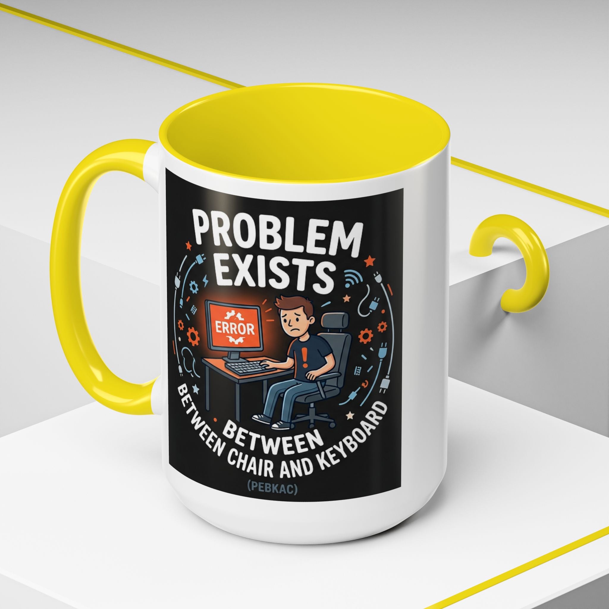 "Problem Exists Between Chair & Keyboard" IT Humor Accent Coffee Mug (11, 15oz)