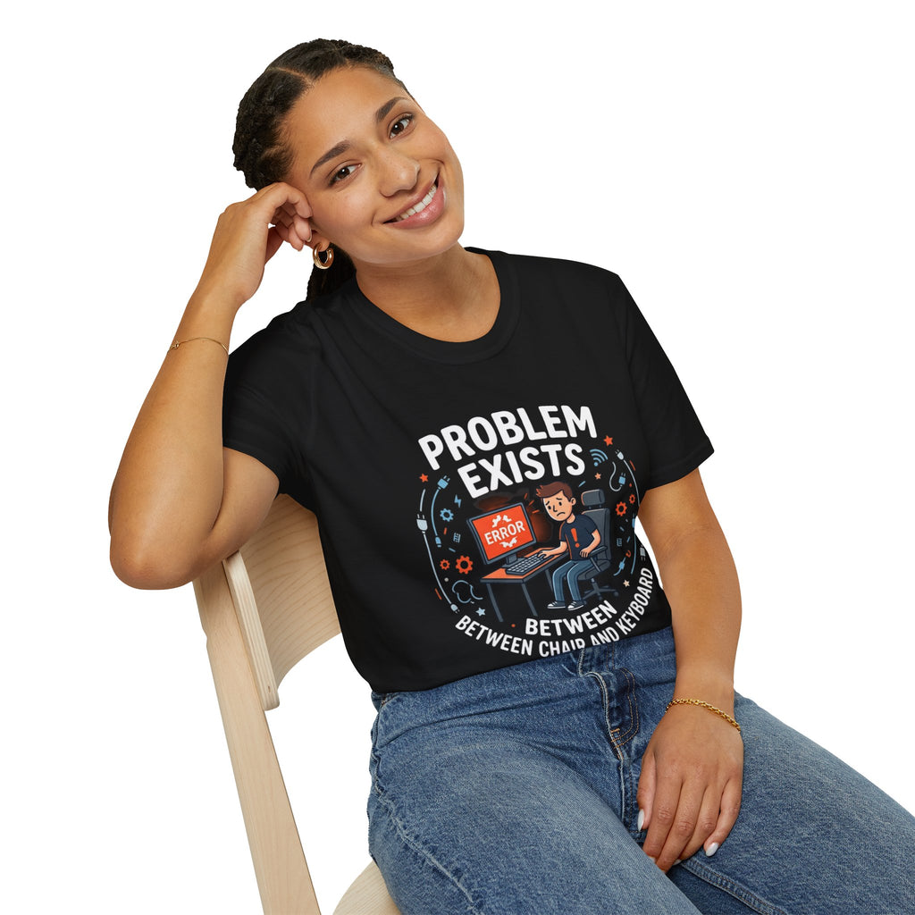 "Problem Exists Between Chair & Keyboard" Funny IT T-Shirt — Tech Coder Humor Graphic Tee
