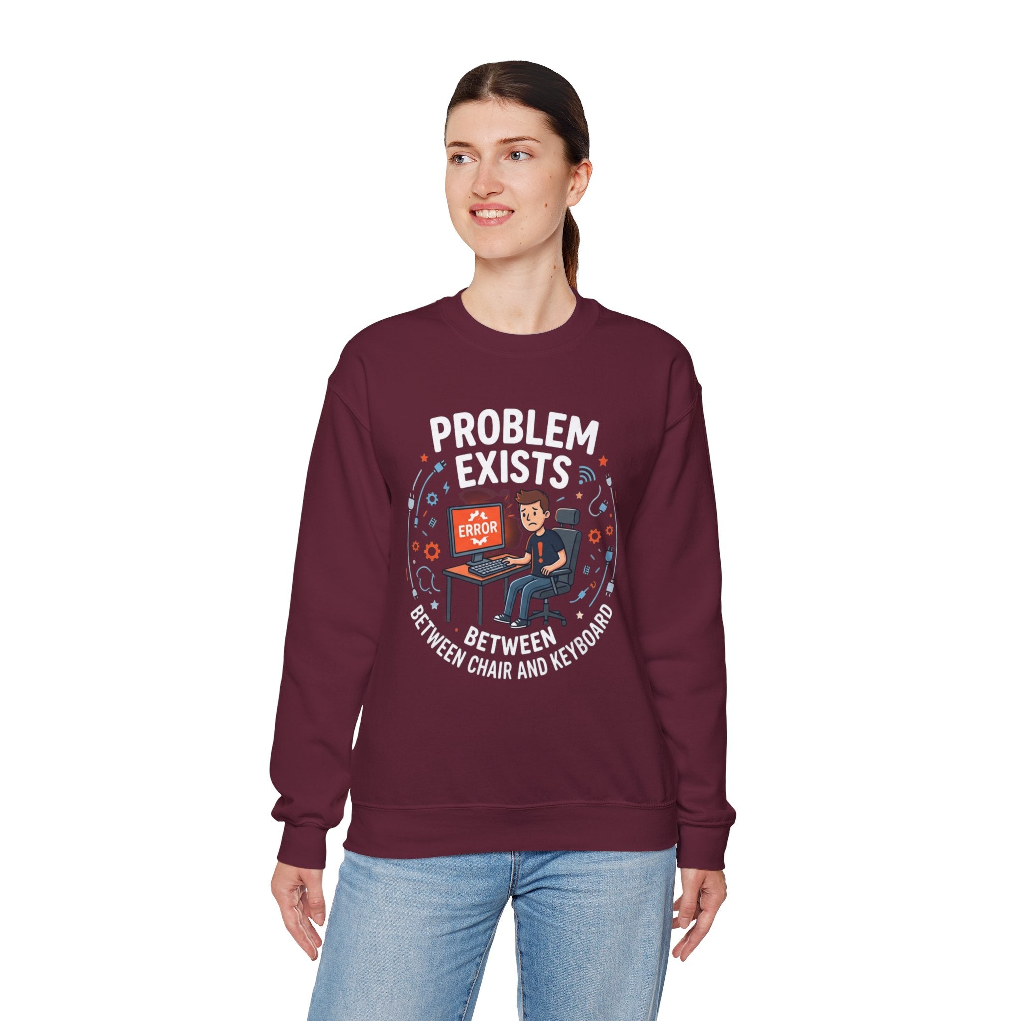 "Problem Exists Between Chair & Keyboard" Funny Coding Bug Graphic Crewneck Sweatshirt