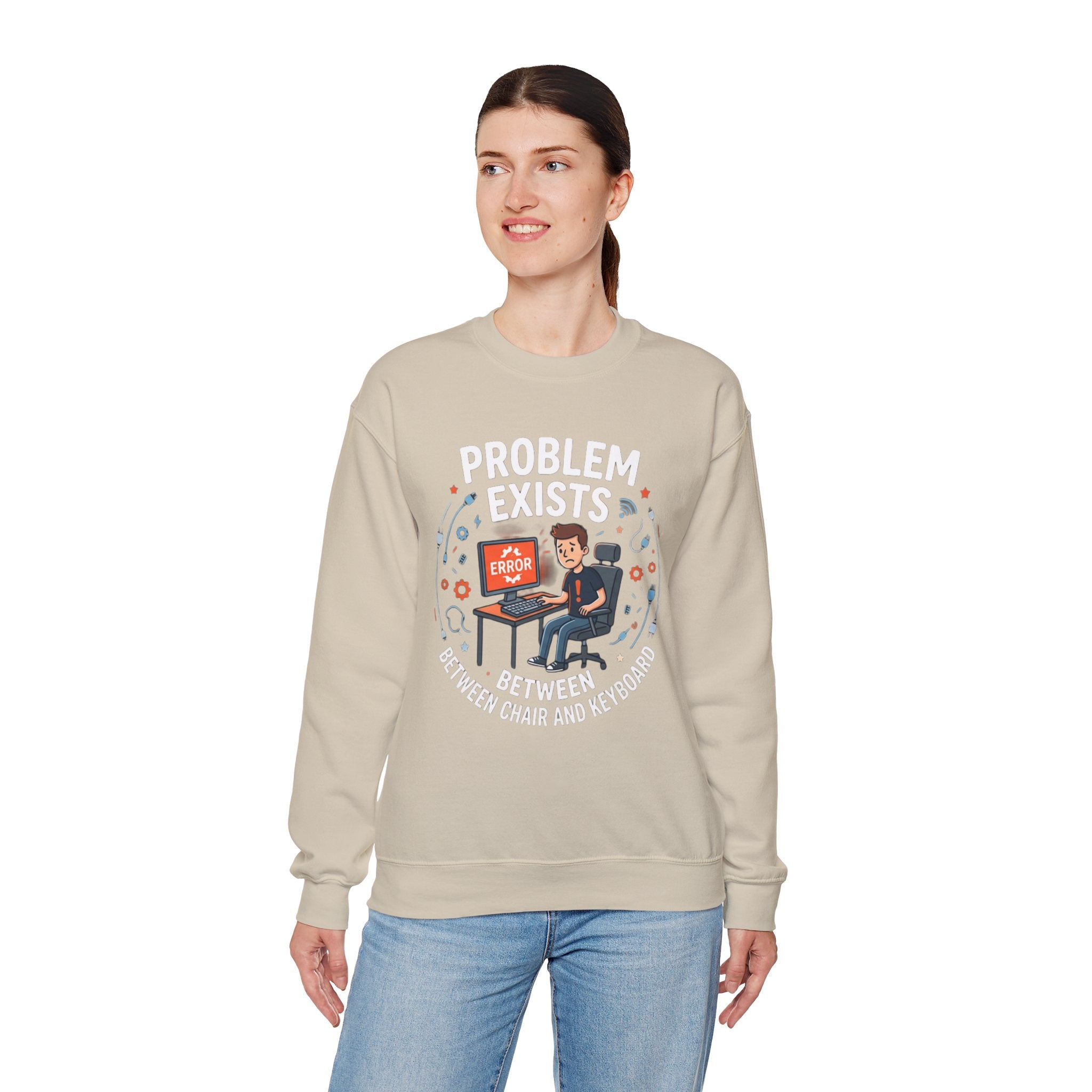 "Problem Exists Between Chair & Keyboard" Funny Coding Bug Graphic Crewneck Sweatshirt