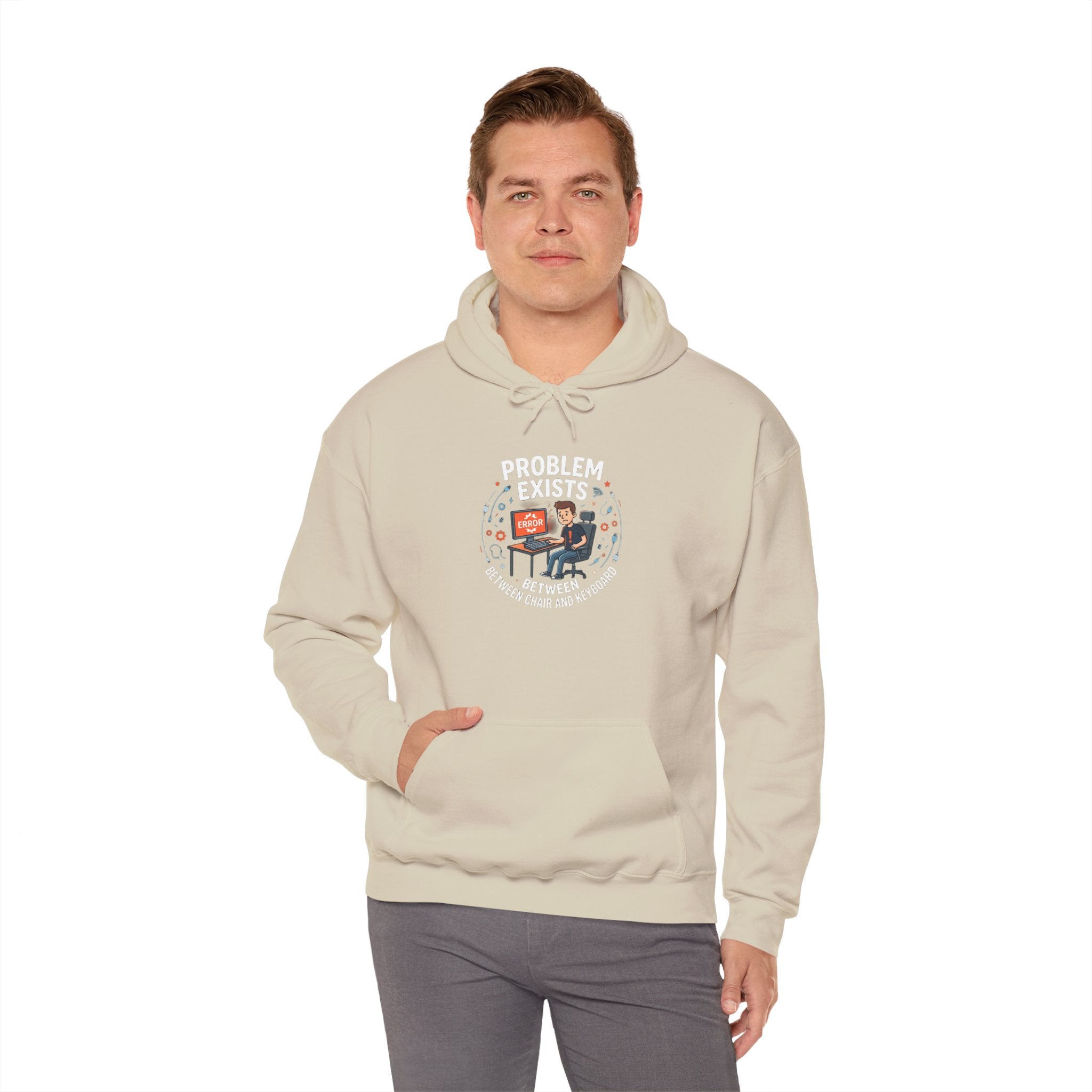 "Problem Exists Between the Chair & Keyboard" Tech Humor Graphic Hoodie