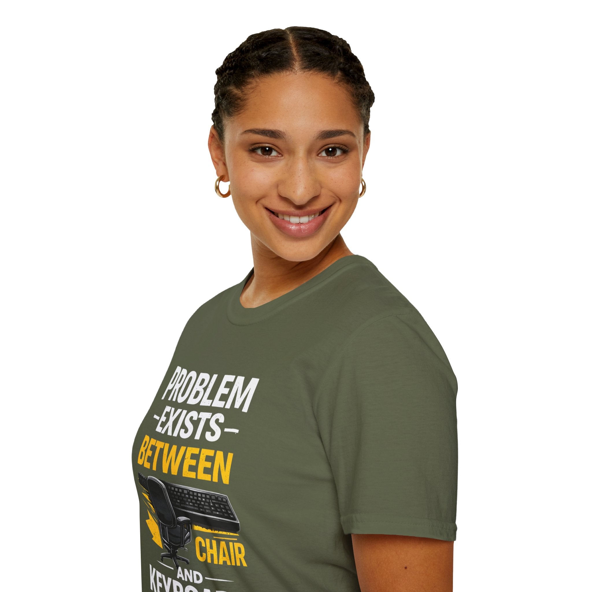 "Problem Exists Between Chair and Keyboard" Tech Humor T-Shirt — Funny Gamer/IT Tee