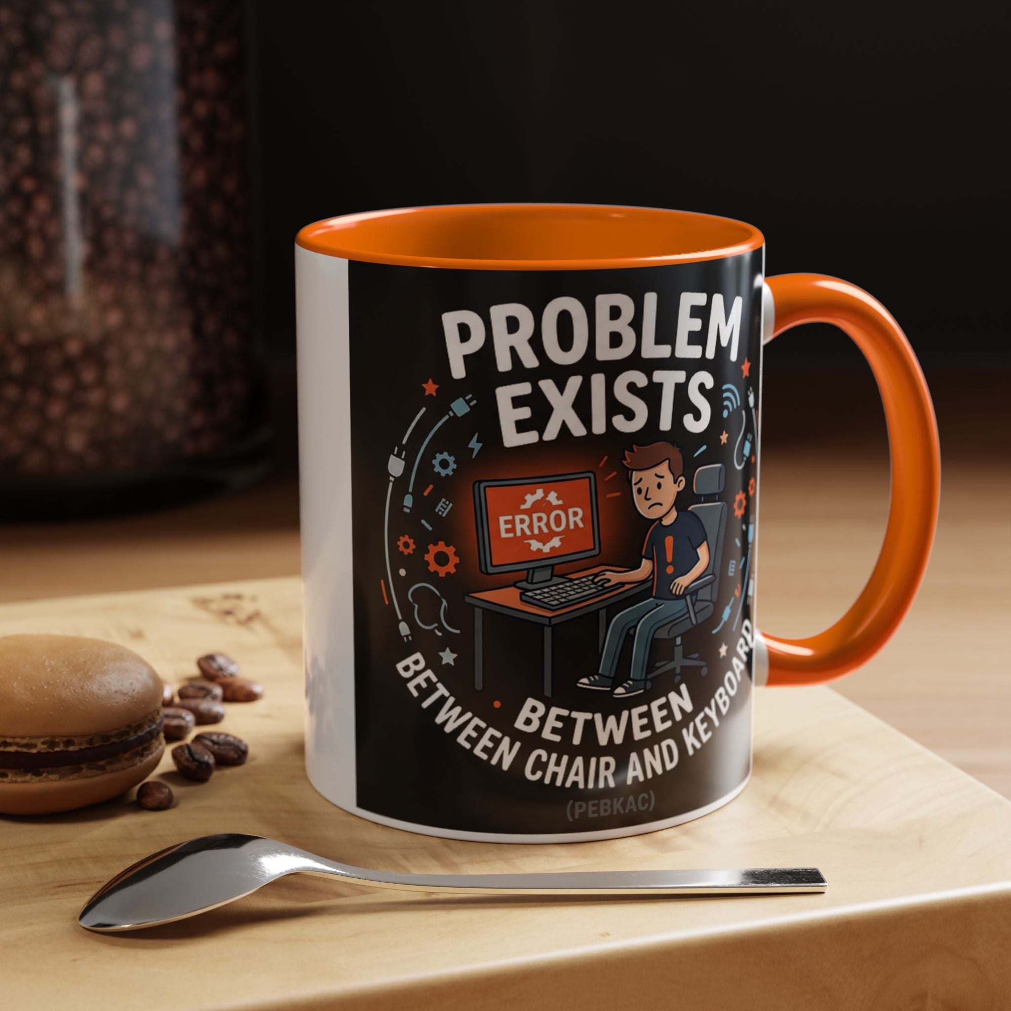 "Problem Exists Between Chair & Keyboard" IT Humor Accent Coffee Mug (11, 15oz)