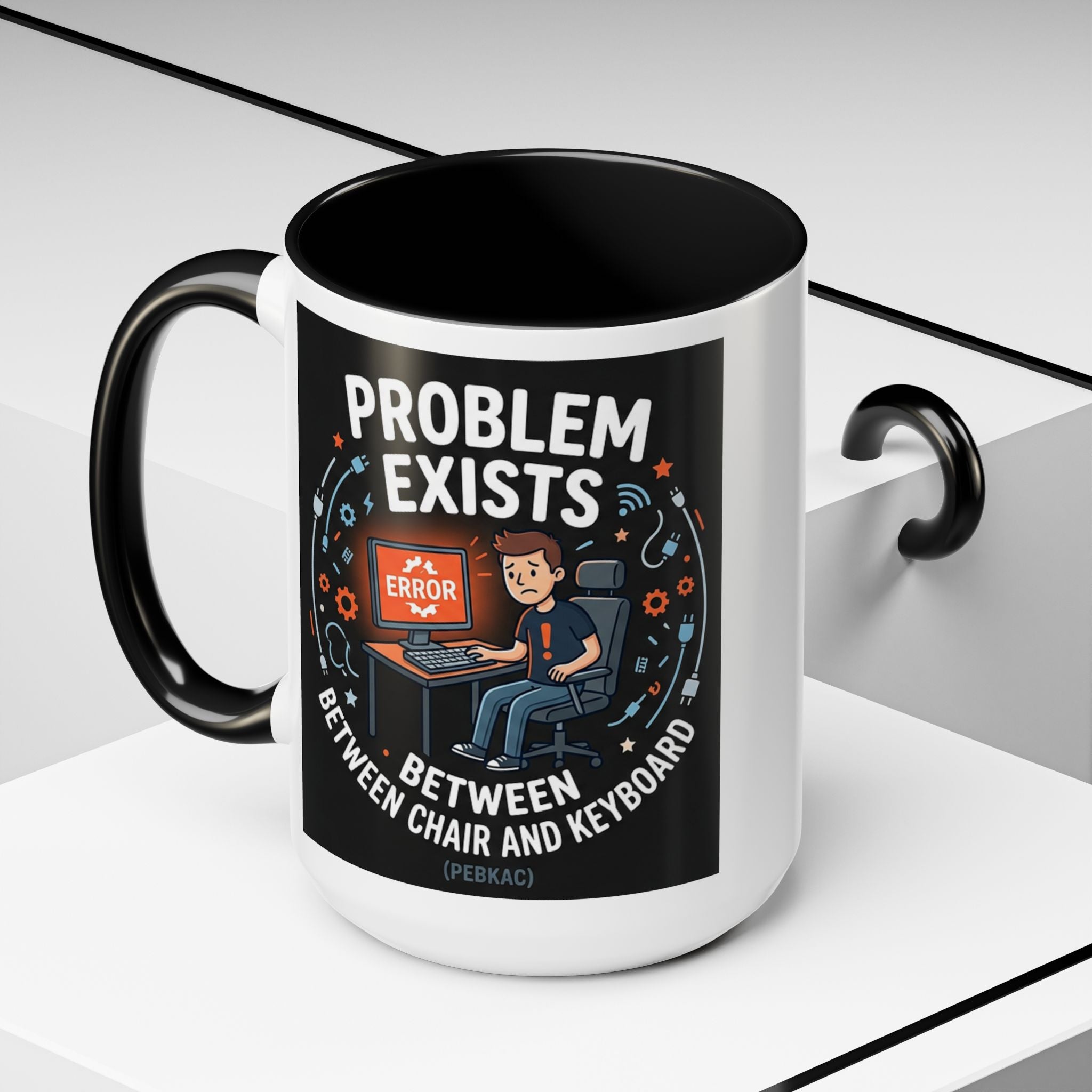 "Problem Exists Between Chair & Keyboard" IT Humor Accent Coffee Mug (11, 15oz)