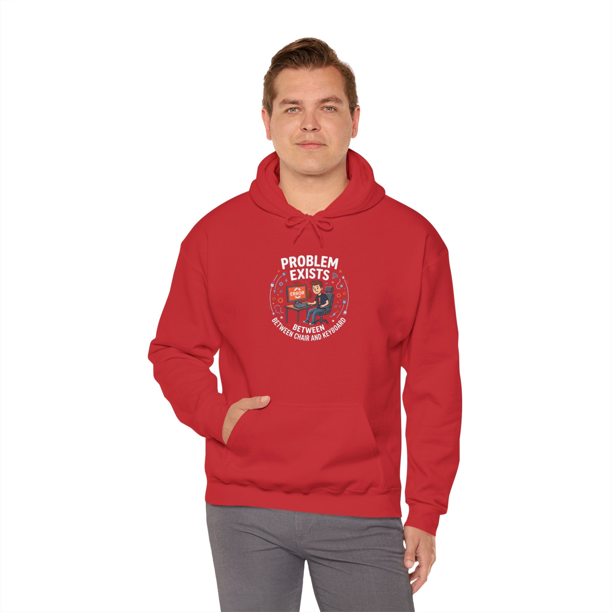 "Problem Exists Between the Chair & Keyboard" Tech Humor Graphic Hoodie