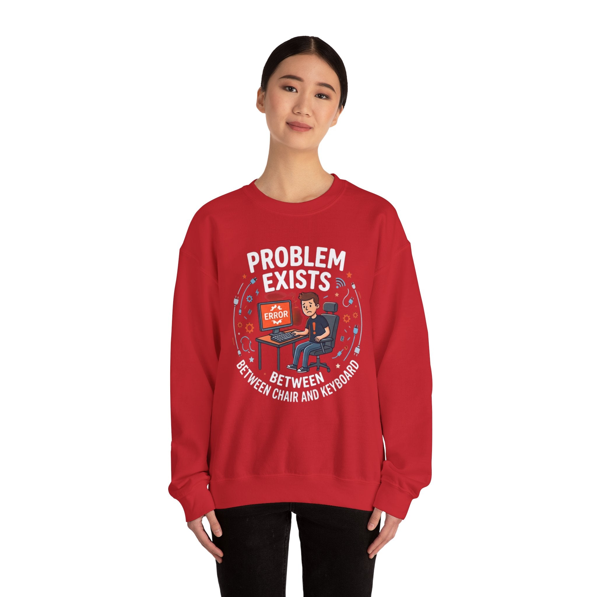 "Problem Exists Between Chair & Keyboard" Funny Coding Bug Graphic Crewneck Sweatshirt