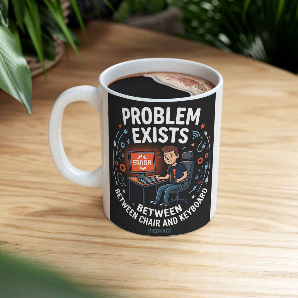"Problem Exists Between Chair & Keyboard" IT Humor Ceramic Mug, (11oz, 15oz)