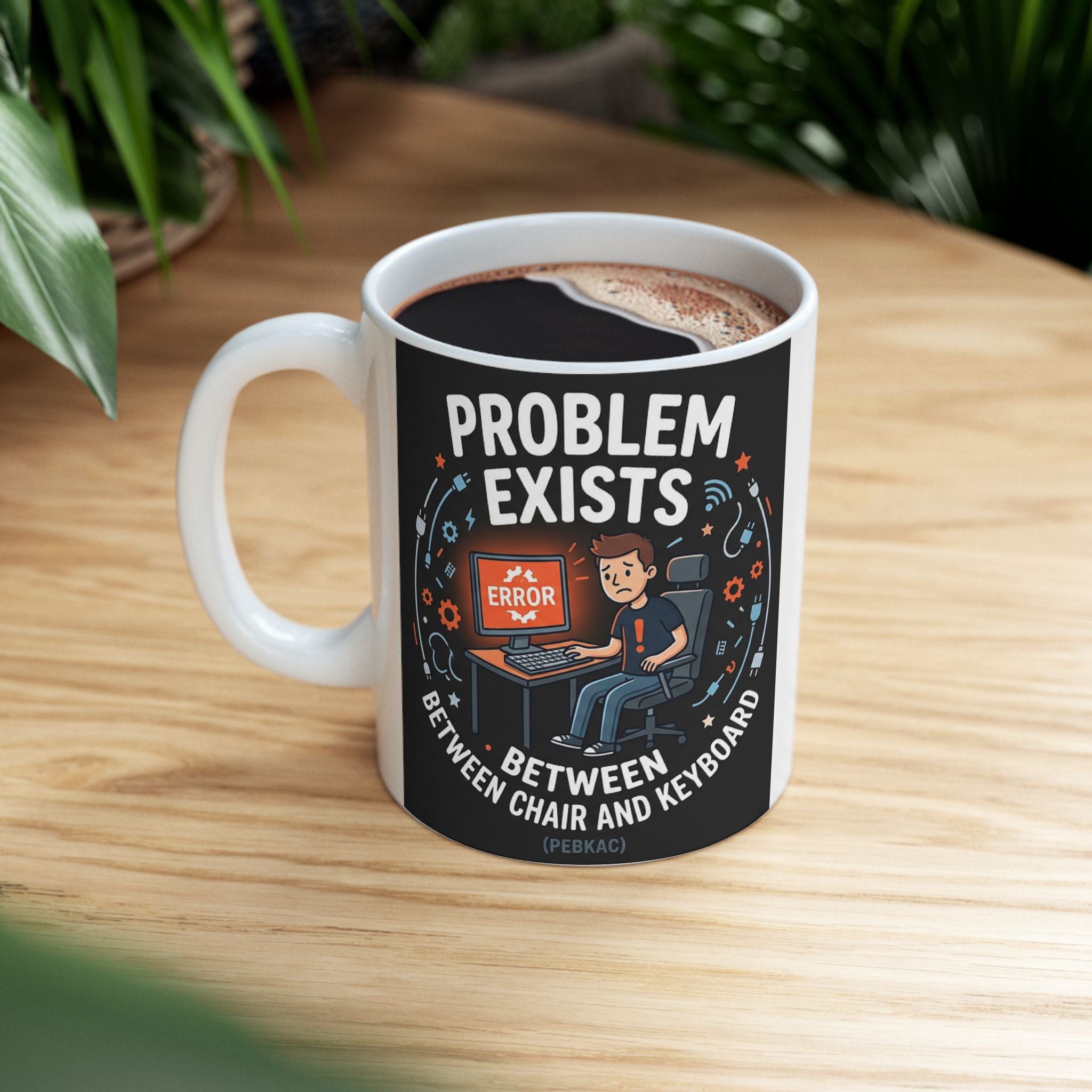 "Problem Exists Between Chair & Keyboard" IT Humor Ceramic Mug, (11oz, 15oz)