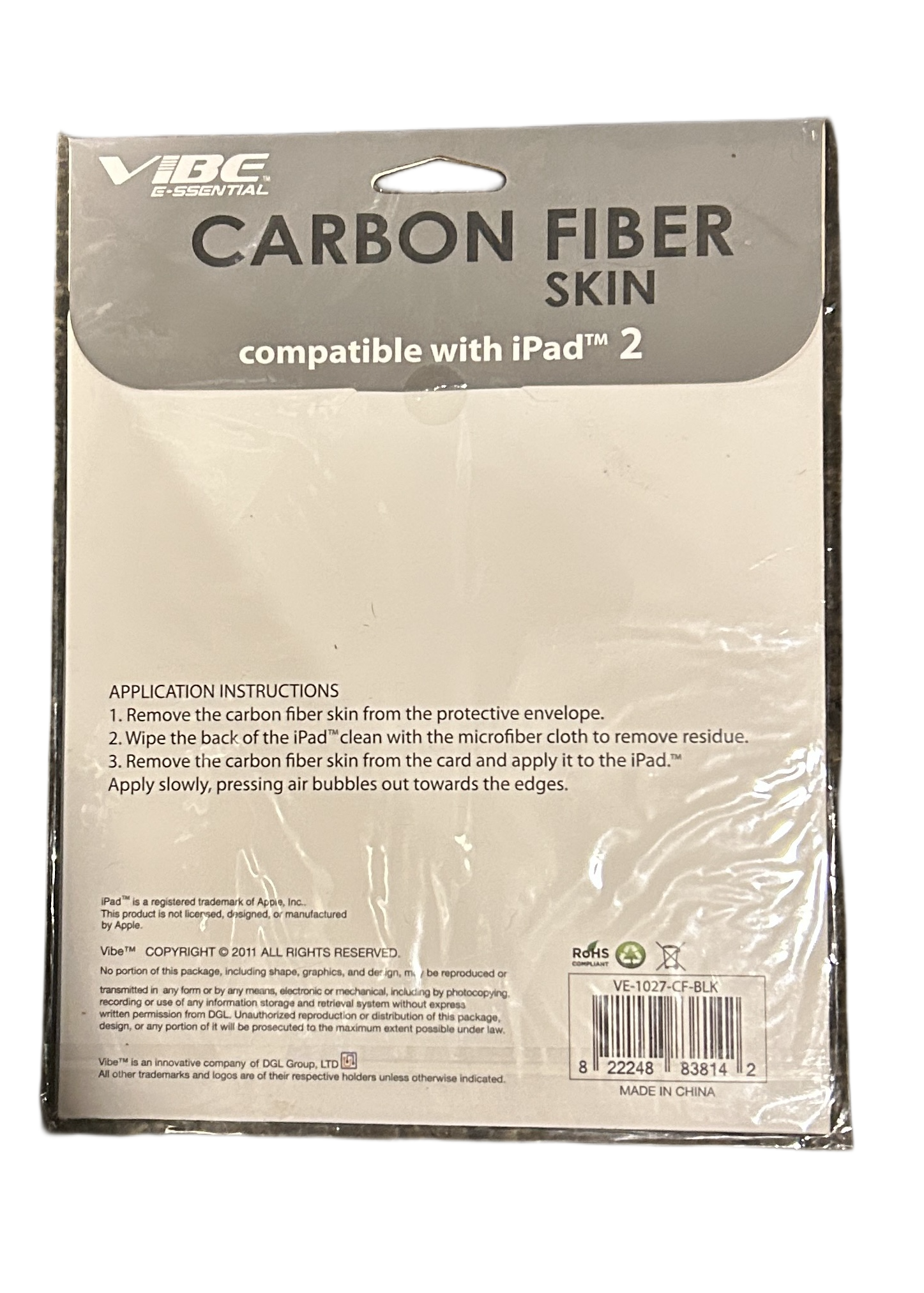 Vibe E-ssential Carbon Fiber Skin for iPad 2 Black VE-1027-CF-BLK NEW
